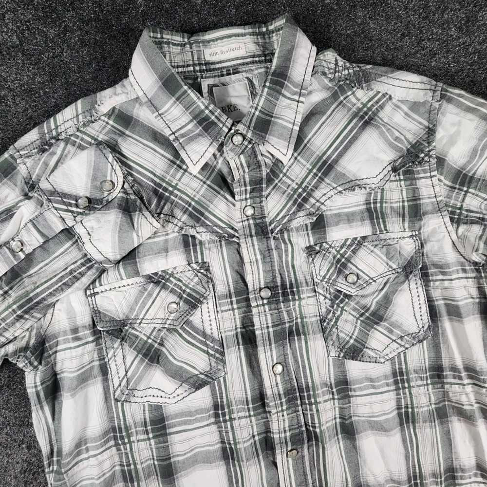 BKE Western Snap Shirt Mens Medium Green Plaid‎ Slim Fit Stretch Frayed Yoke
